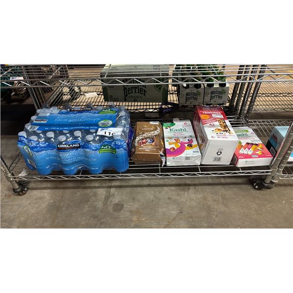 SHELF OF KIRKLAND BOTTLED WATER, LINDOR CHOCOLATE, KASHI SNACKS & KIRKLAND PROTEIN BARS