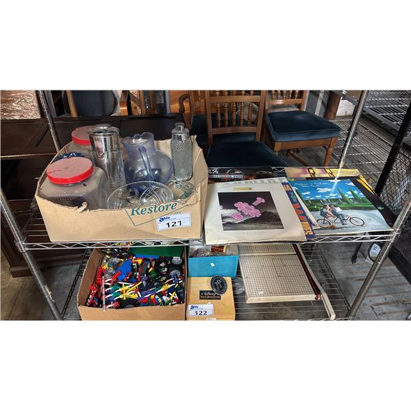 SHELF OF ASSORTED VINTAGE LP RECORDS & BOX OF ASSORTED GLASSWARE