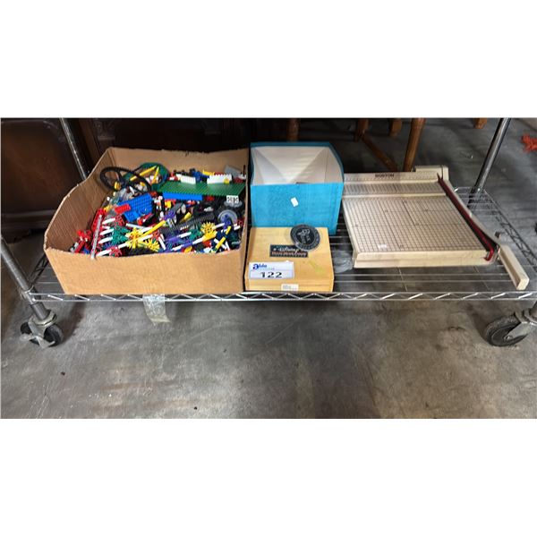 SHELF OF ASSORTED LEGO PIECES, PAPER CUTTER, DISNEY WOOD BLOCK PUZZLE & MORE