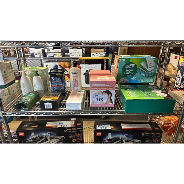 SHELF OF OVERNIGHT HYDROGEL MASKS, FINISH RINSE AID, SWIFFER MOP, BIO OIL SKINCARE & MORE