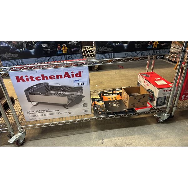 KITCHAID DISH DRYING RACK, T-FAL IRON, FLASHLIGHTS & ASSORTED BATTERIES