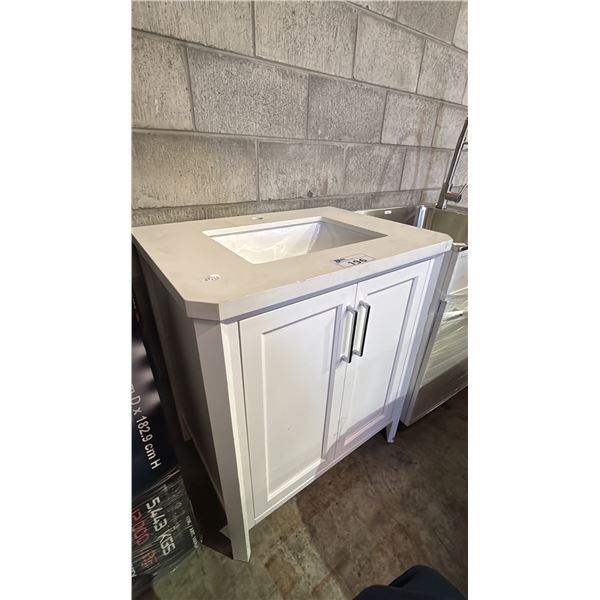 WHITE SHAKER STYLE SINGLE- SINK BATHROOM VANITY WITH MODERN BLACK VERTICAL HANDLES