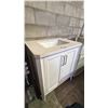Image 1 : WHITE SHAKER STYLE SINGLE- SINK BATHROOM VANITY WITH MODERN BLACK VERTICAL HANDLES