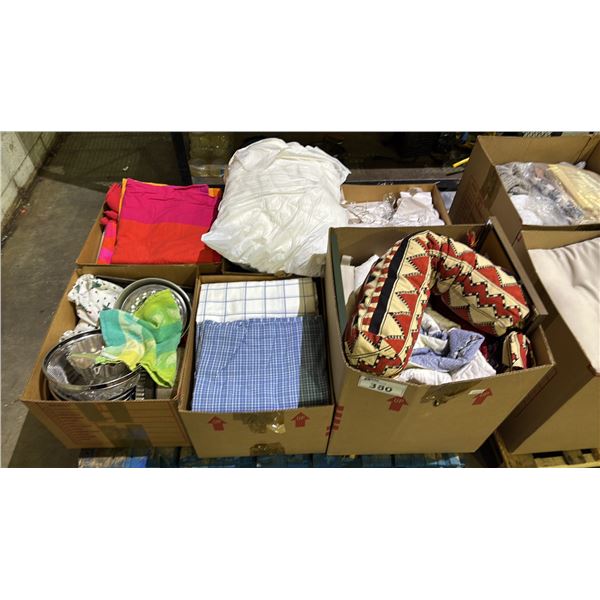 PALLET OF ASSTD. HOUSEHOLD GOODS: BEDDING, DRINKING GLASSES, KITCHENWARE & MORE *MUST TAKE ALL*
