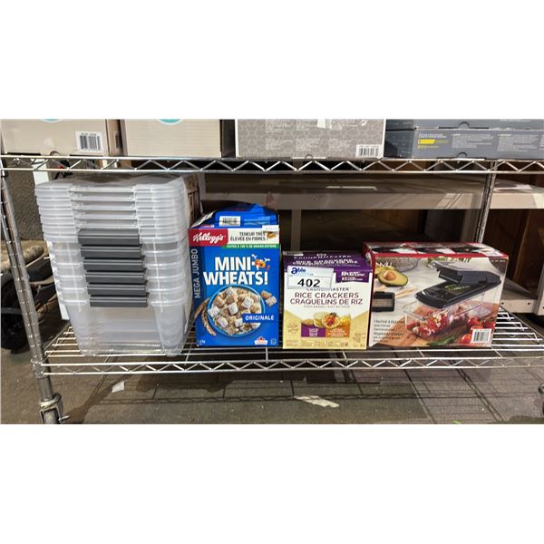 SHELF OF PLASTIC STORAGE BINS, MU VEGETABLE CHOPPER & FOOD PRODUCTS