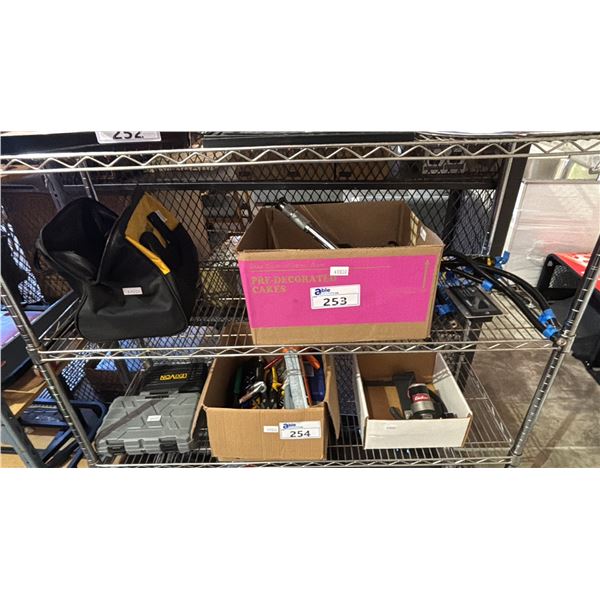 SHELF OF ASSORTED HAND TOOLS, DEWALT BATTERIES & CHARGER WITH BAG AND MORE