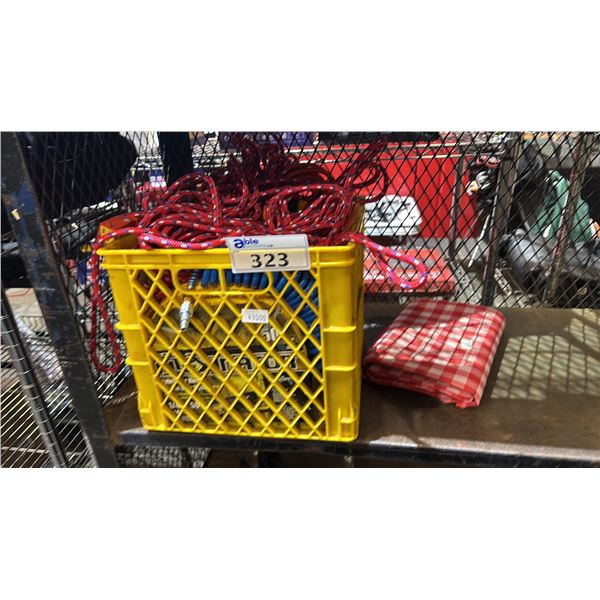 MILK CRATE OF ROPE, AIR HOSE & EXTENSION CORDS & A TEASTAR PICNIC BLANKET