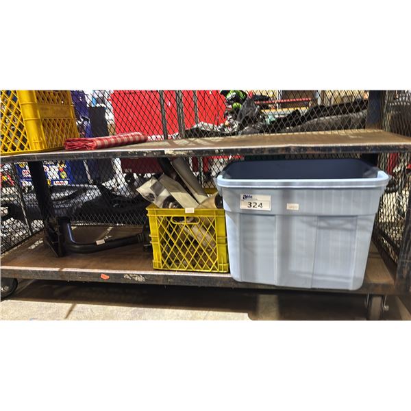 TOTE OF MOTORCYCLE MAGAZINES, MILK CRATE OF MOTORCYCLE POSTERS & METAL SUPPORT BRACKET