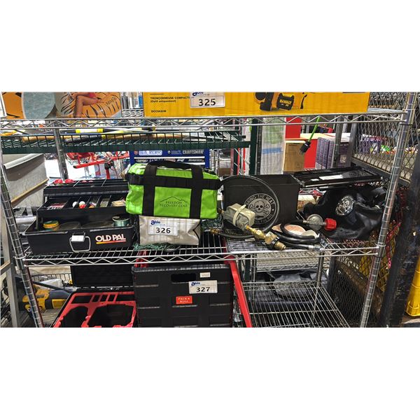 TACKLE BOX & CONTENTS, FISHING LURES, FISHING NET, BRING THE HEAT TACTICOOL FIRE PIT & MORE