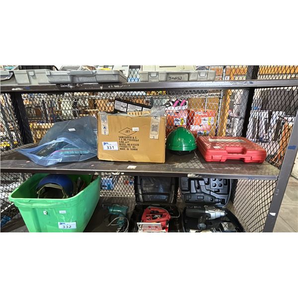 AIR FILTER MASK WITH FILTERS, BOX OF SANDPAPER & ASSTD. TOOLS, HARD HAT & JET 3" MINI DISC GRINDER