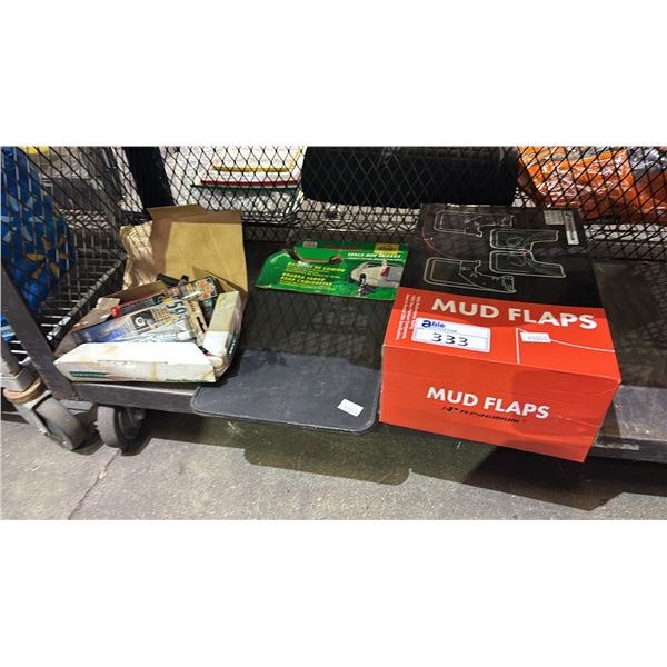 ASSORTED MUD FLAPS & BOX OF RESIN, GASKET REPAIR & MORE