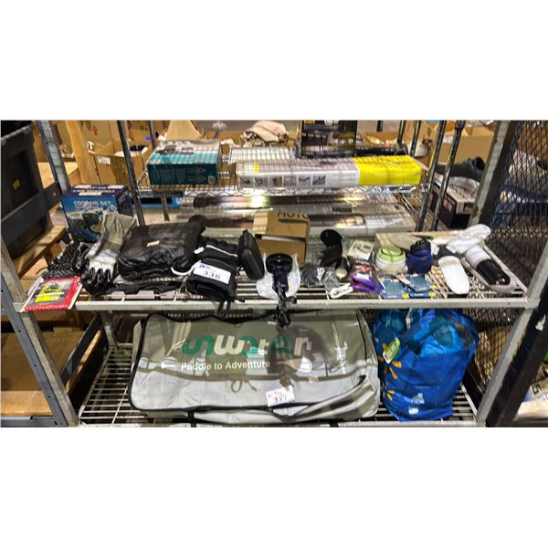 SHELF OF SKI GLOVES, OUTDOOR COOKING SET, HAND HELD FAN, UNIVERSAL CHARGING CABLES & MORE