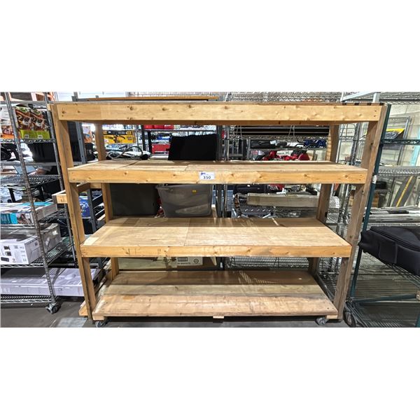 WOOD 4-TIER SHELVING UNIT: APPROX. 82" WIDE X 24" DEEP X 69" TALL