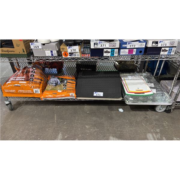 SHELF OF DRY CAT FOOD, DRY DOG FOOD CUTTING BOARD, ALUMINUM TRAYS & FLOOR MATS