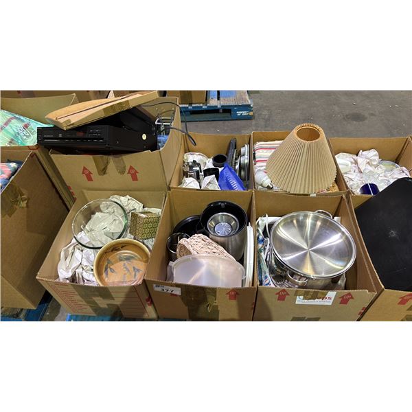 PALLET OF ASSTD. HOUSEHOLD GOODS: KITCHENWARE, MAGNAVOX CD PLAYER, WICKER STORAGE BASKET & MORE