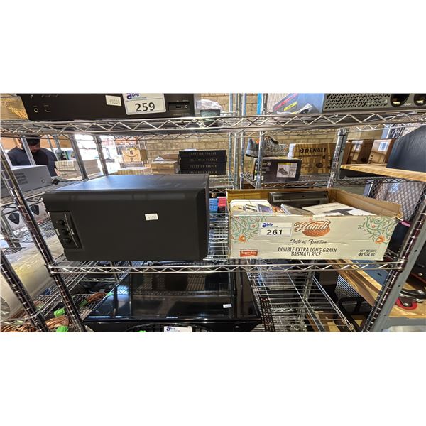 SHELF OF ASSORTED ITEMS INCL. YAMAHA YST-SW80 ACTIVE SERVO SUBWOOFER SYSTEM AND MORE