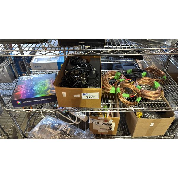 SHELF OF ASSORTED ITEMS INCLUDING OUTDOOR LED STRIP LIGHTS, DASH CAM AND MORE