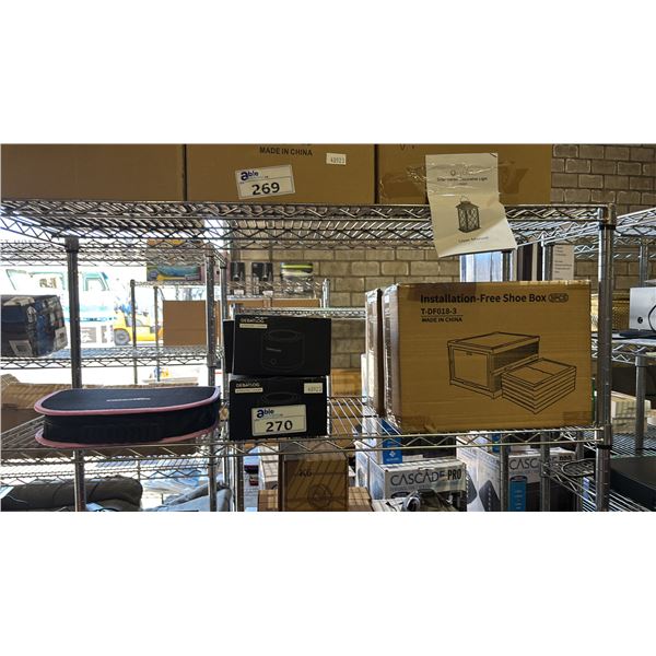 SHELF OF ASSORTED ITEMS INCLUDING ULTRASONIC CLEANER, FOLDABLE SHOES BOX AND TOOL KIT