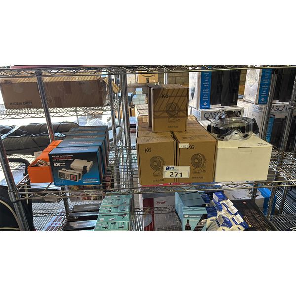 SHELF OF ASSORTED ITEMS INC. PORTABLE TABLE FANS, GAMES,  WATCHES AND MORE