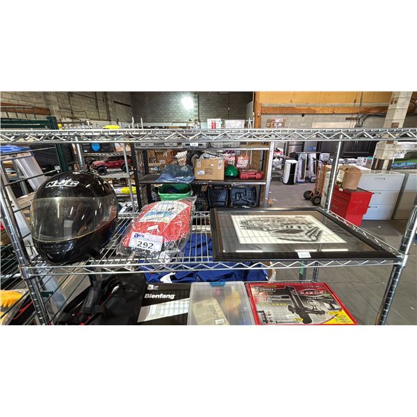 SHELF OF ASSORTED ITEMS INCLUDING HELMET, CAR PHOTO FRAME  AND MORE