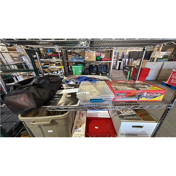 SHELF OF ASSORTED ITEMS INCLUDING TRIMAX ADJUSTABLE HITCH, BIENFANG GRIDDED PAPER , ROPE AND MORE