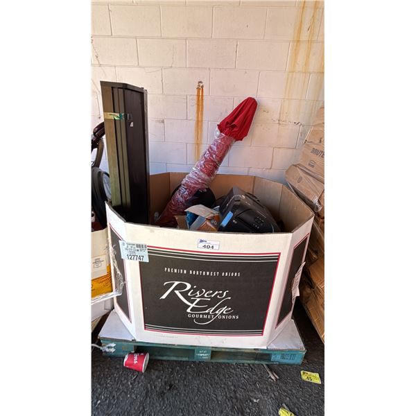PALLET OF ASSTD. HOME GOODS: SHREDDER, FANS, PATIO UMBRELLA & MORE: *UNKNOWN WORKING CONDITION/MAY