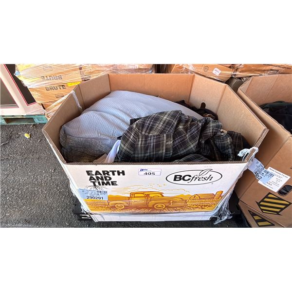 PALLET OF ASSORTED CLOTHING & AN OVERSIZE CUSHION *MUST TAKE ALL*