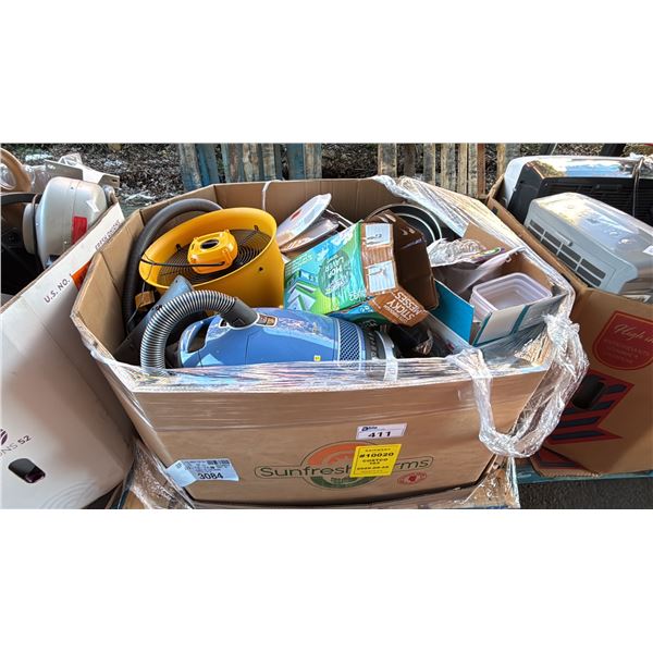 PALLET OF ASSTD. HOME ITEMS: MIELE VACUUM, INDUSTRIAL FLOOR FAN, SWIFFER MOP & MORE