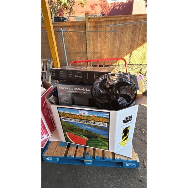PALLET OF ASSTD ITEMS: GAMING MONITOR, LG MICROWAVE, 2 STAGE VACUUM PUMP  & MORE *MUST TAKE ALL*