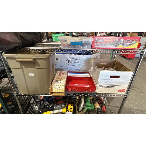 SHELF OF ASSORTED ITEMS INCLUDING HAUL MASTER 1/4" D-RING ANCHOR, EMPTY TOOL BOX AND MORE