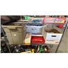 Image 1 : SHELF OF ASSORTED ITEMS INCLUDING HAUL MASTER 1/4" D-RING ANCHOR, EMPTY TOOL BOX AND MORE