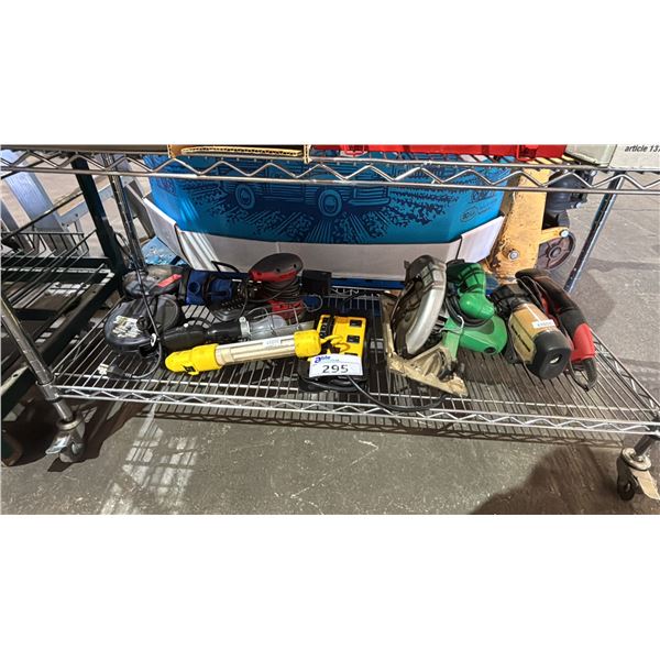 SHELF OF ASSORTED POWER TOOLS INCL. SKIL SANDER, HITACHI SAW, WORK LIGHTS AND MORE