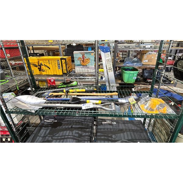 SHELF OF ASSORTED HAND TOOLS INCL. SHOVEL , T-BAR, HAMMER AND MORE