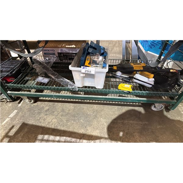 SHELF OF ASSORTED ITEMS INCLUDING DEWALT 20V 550 PSI CORDLESS POWER CLEANER AND MORE
