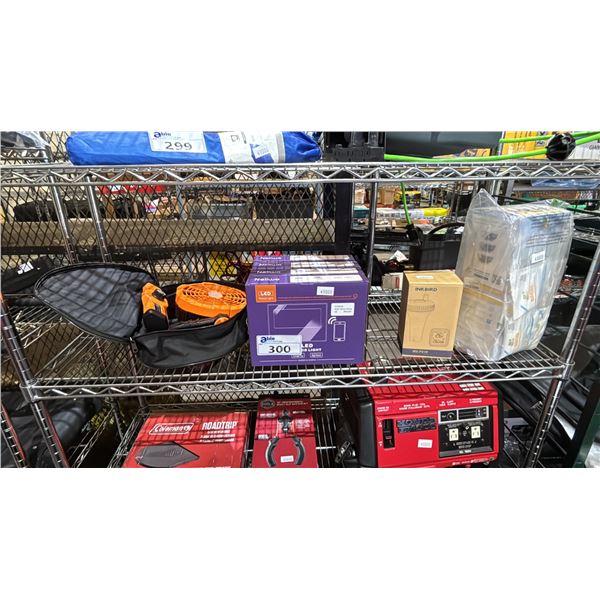 SHELF OF ASSORTED ITEMS INCLUDING LED FLOOD LIGHT, INKBIRD WIRELESS POOL THERMOMETER AND MORE