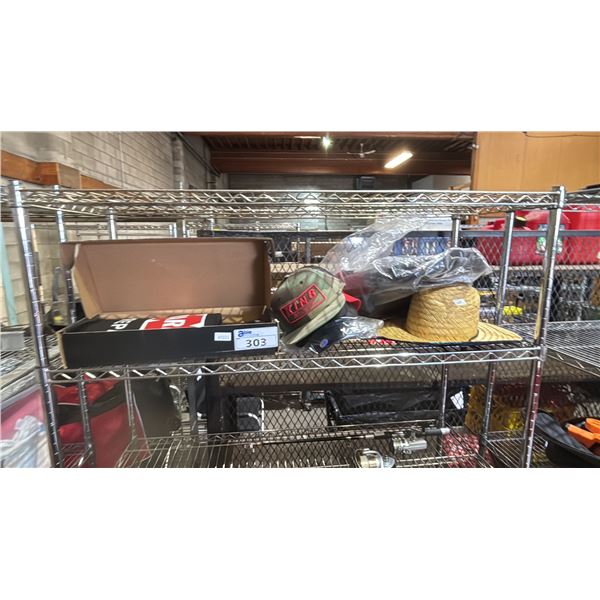 SHELF OF ASSORTED ITEMS INCLUDING WARN WINCH DAMPER, CAPS AND MORE