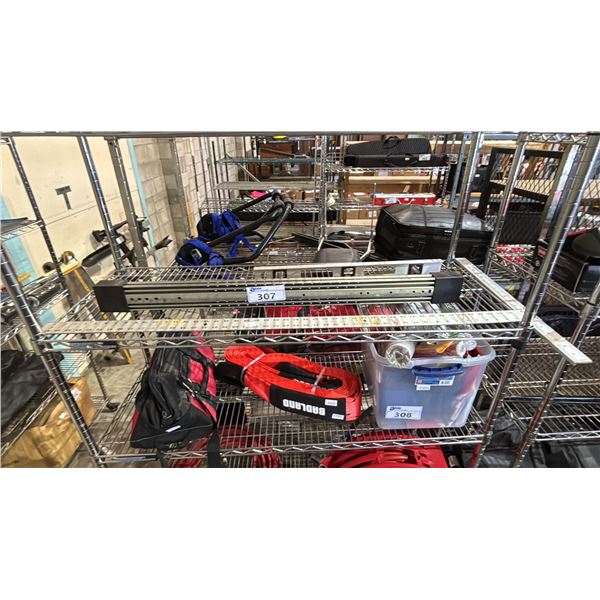 SHELF OF ASSORTED ITEMS INCLUDING HEAVY DUTY BALL-BEARING DRAWER SLIDE , LEVELER AND MORE