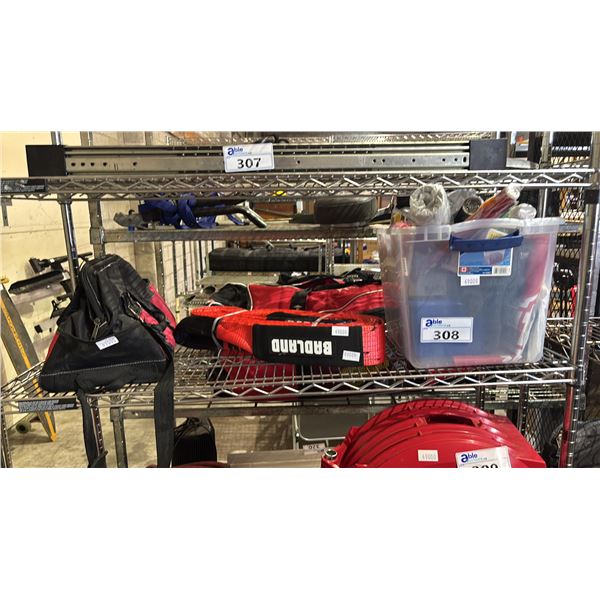 SHELF OF ASSORTED ITEMS INCLUDING BADLAND RECOVERY SNATCH STRAP, SUMMIT TOOL BAG AND MORE