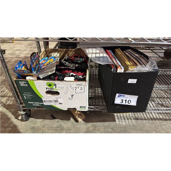 SHELF OF ASSORTED ITEMS INCLUDING BOOKS, HOTWHEELS, WINTER CAP AND MORE