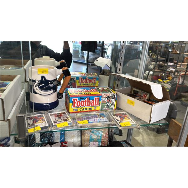 SIGNED 2004 TOPPS JUSTIN MORNEAU CARD, CANUCKS STEIN, BOX OF 1983 TOPPS FOOTBALL CARDS, BOX OF ASSTD
