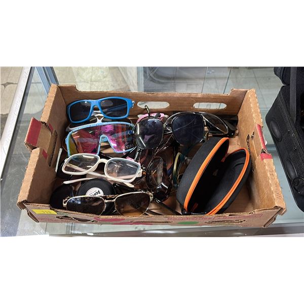 BOX OF ASSORTED SUNGLASSES, WIRED EARBUDS & A SUNGLASSES CASE