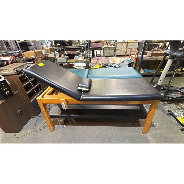 WOODEN EXAMINATION TABLE WITH ADJUSTABLE HEAD/BACK SECTION