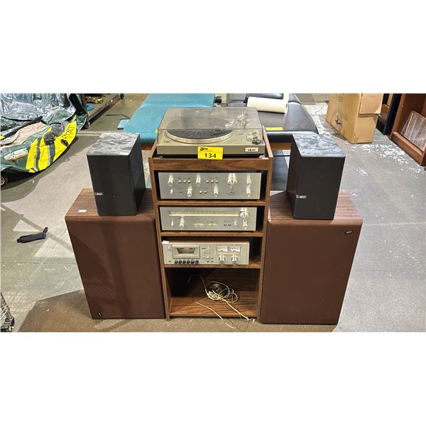 WOOD MEDIA SHELF WITH VTG AKAI TURNTABLE, AM-2400 STEREO AMPLIFIER, AT-2400 TUNER, SANYO RD 5030