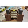 Image 1 : WOOD MEDIA SHELF WITH VTG AKAI TURNTABLE, AM-2400 STEREO AMPLIFIER, AT-2400 TUNER, SANYO RD 5030