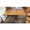 Image 1 : VINTAGE WOOD DROP-LEAF PEDESTAL TABLE WITH DRAWER STORAGE: CONTAINS SEVERAL DECKS OF PLAYING CARDS