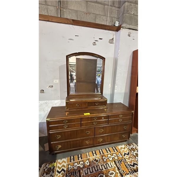 VINTAGE WOODEN 9-DRAWER DRESSER WITH ATTACHED MIRROR AND BRASS-TONE HARDWARE