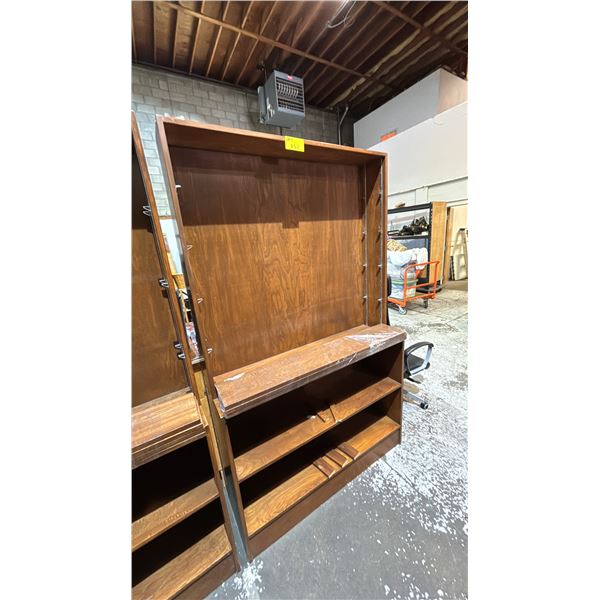 6 TIER WOOD STORAGE CABINET: APPROX. 80"T X 48"W X 14"D (AT ITS DEEPEST POINT)