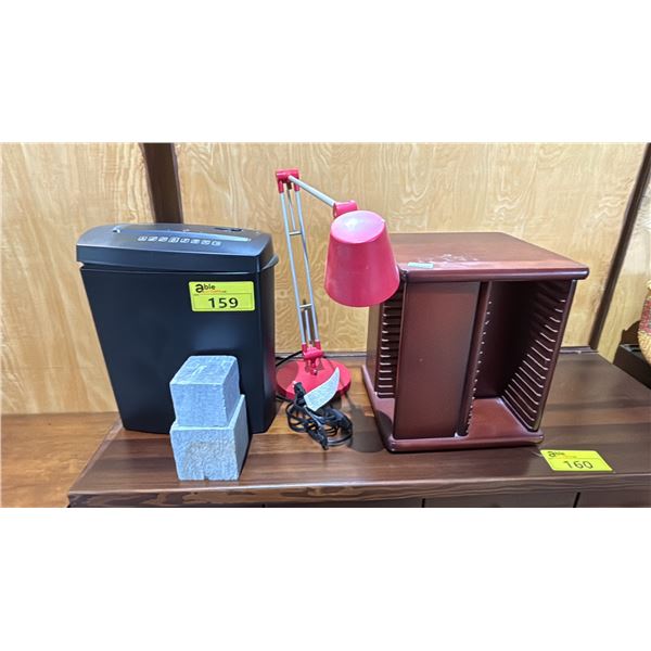STAPLES SHREDDER, (2) SOAPSTONE BLOCKS, TABLE LAMP & TABLETOP WOOD CD CAROUSEL