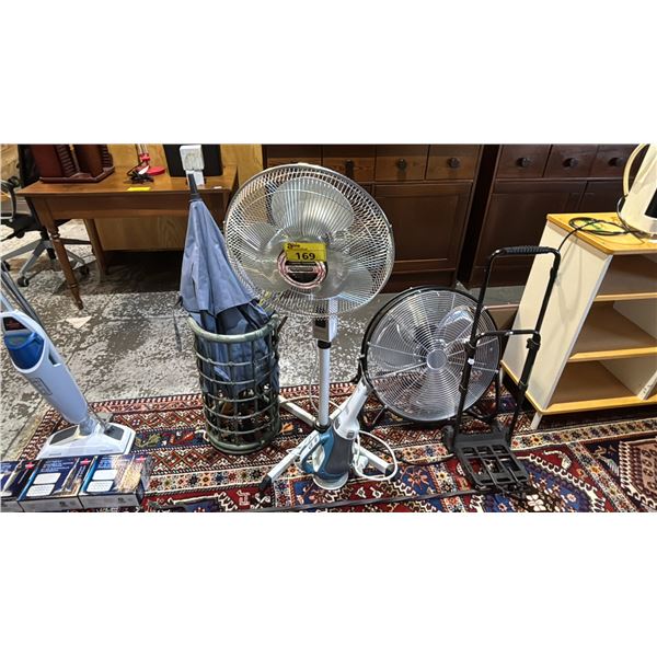 UMBRELLA STAND W/ UMBRELLAS, PEDESTAL FAN, FLOOR FAN, B&D HAND HELD VACUUM, FOLDING HAND TRUCK & MOR
