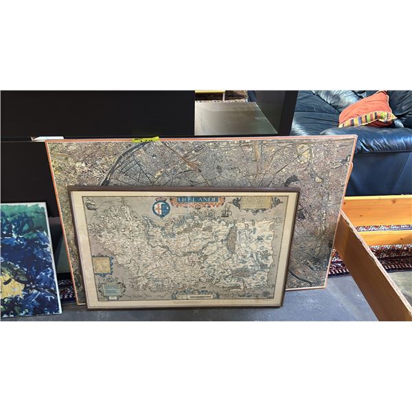 FRAMED VINTAGE MAP OF IRELAND & AERIAL PHOTO PRINT OF PARIS